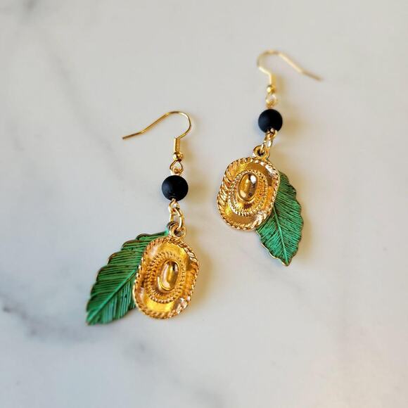 Handmade Gold Tone Western Cowboy Hat Earrings w/ 925 ear hooks - Picture 2 of 3